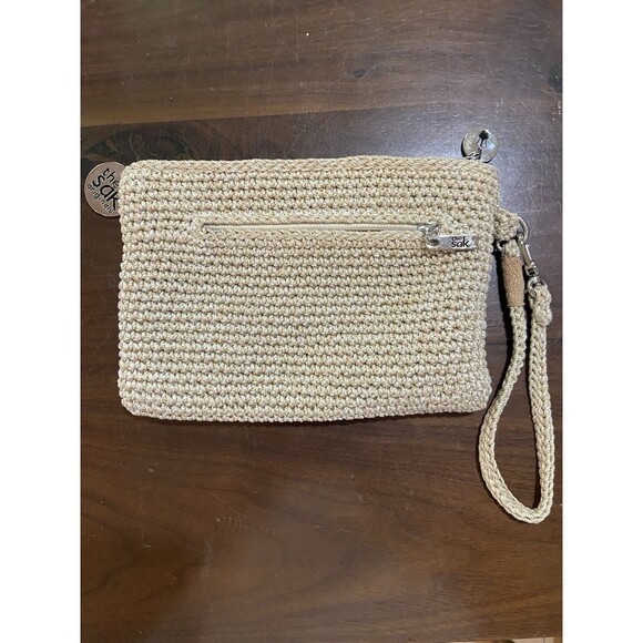 The Sak Beige Flecked Crochet Wristlet Two Charms Side Pocket Multiple Dividers - Picture 1 of 9
